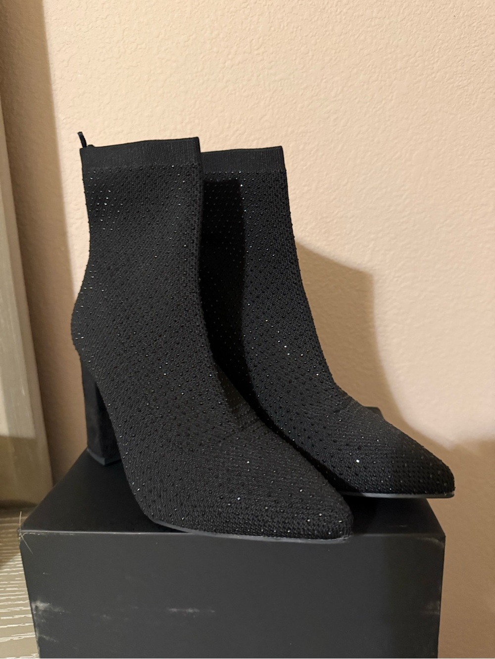 MIA Black Sparkle Knit Sock Heel Booties